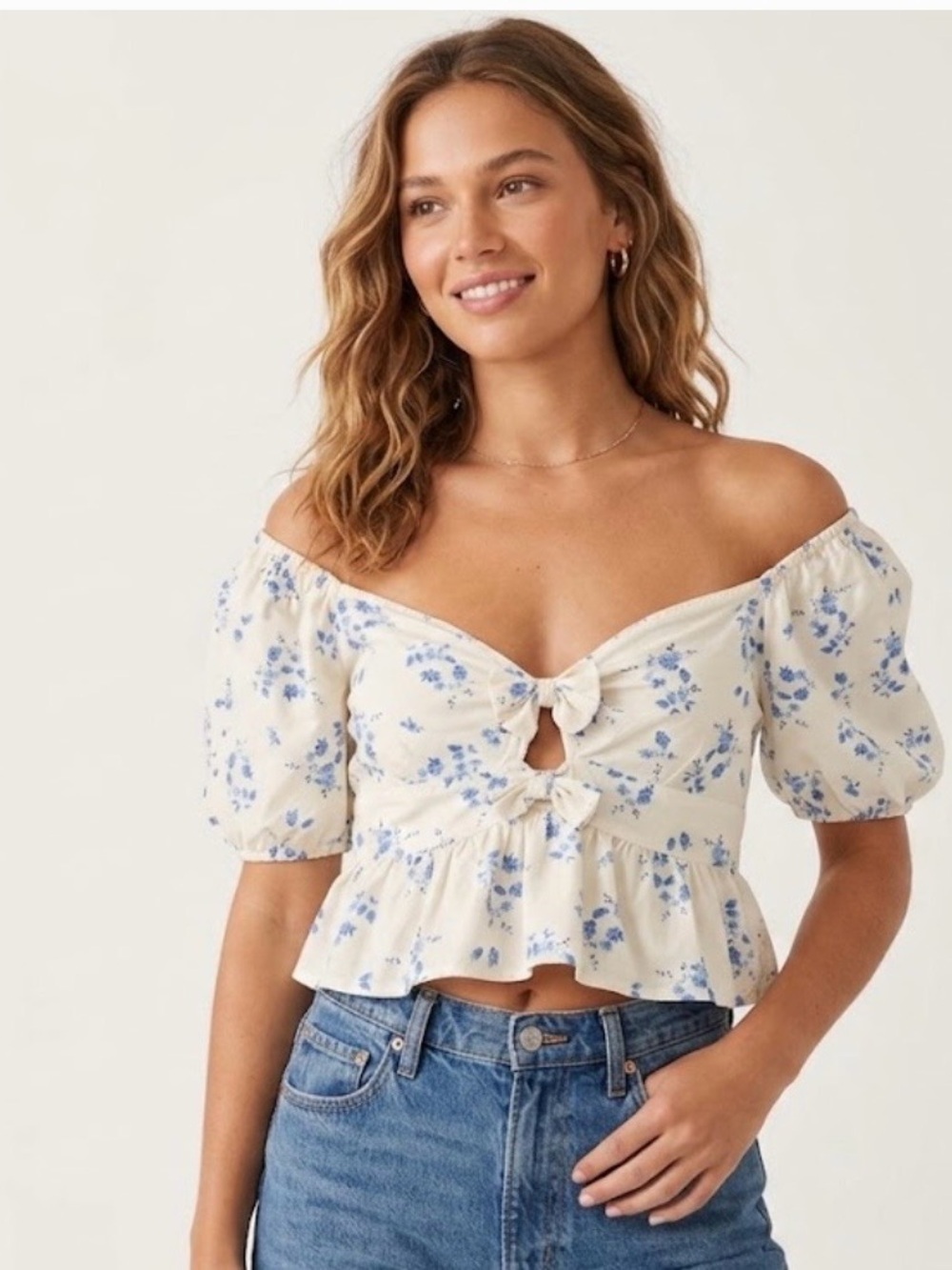 BAND OF THE FREE Tie-Front Off-Shoulder Peplum Crop Top - Cream with Blue Floral